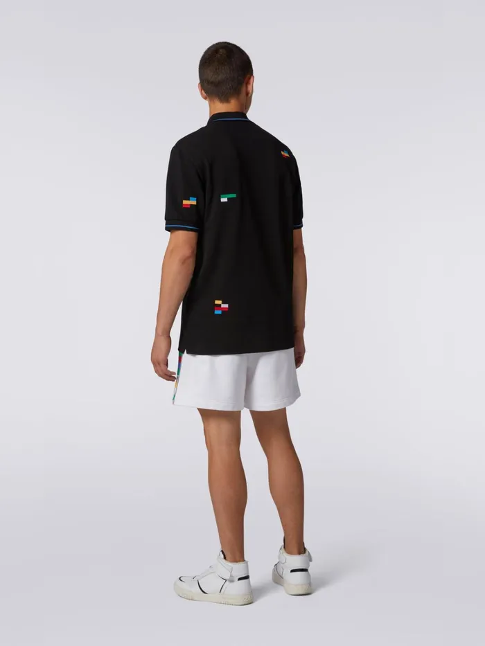 Men ShortSleeved Polo Shirt In Cotton Piqu With Embroidered Pixels Black and Multicoloured Missoni Sport