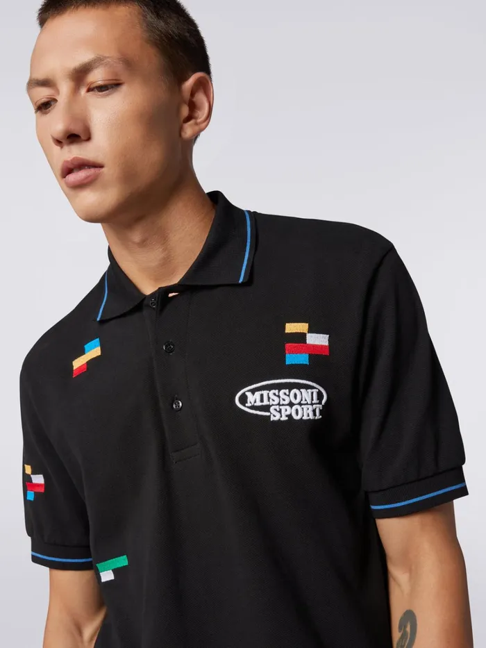 Men ShortSleeved Polo Shirt In Cotton Piqu With Embroidered Pixels Black and Multicoloured Missoni Sport