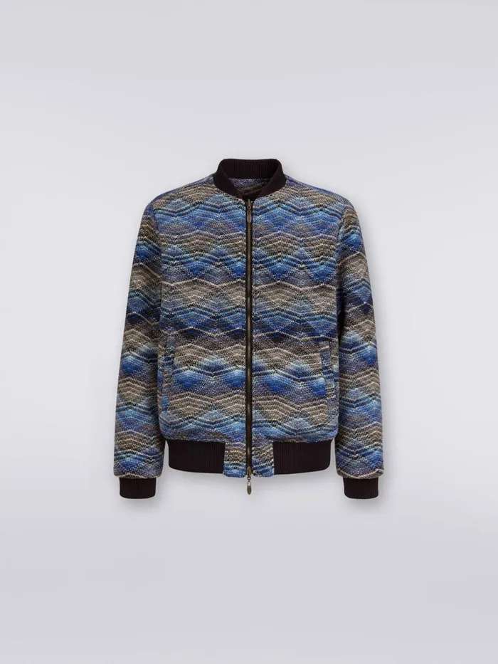Men Wool Blend Bomber Jacket With Zigzag Pattern Blue Missoni Sport