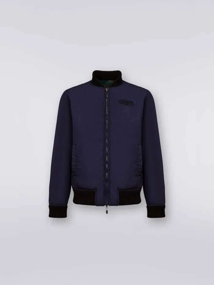 Men Wool Blend Bomber Jacket With Zigzag Pattern Blue Missoni Sport Men Wool Blend Bomber Jacket With Zigzag Pattern Blue Missoni Sport