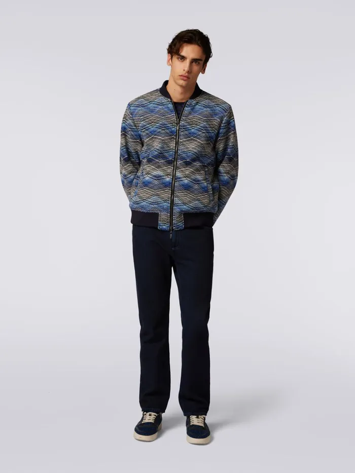 Men Wool Blend Bomber Jacket With Zigzag Pattern Blue Missoni Sport Men Wool Blend Bomber Jacket With Zigzag Pattern Blue Missoni Sport