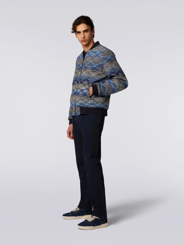Men Wool Blend Bomber Jacket With Zigzag Pattern Blue Missoni Sport Men Wool Blend Bomber Jacket With Zigzag Pattern Blue Missoni Sport