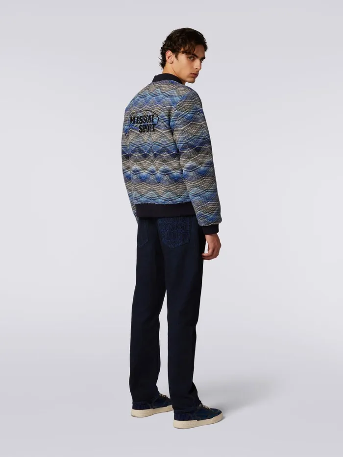 Men Wool Blend Bomber Jacket With Zigzag Pattern Blue Missoni Sport Men Wool Blend Bomber Jacket With Zigzag Pattern Blue Missoni Sport