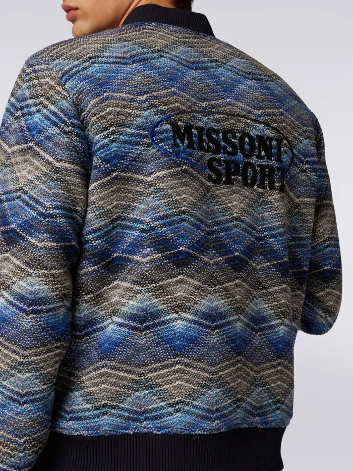 Men Wool Blend Bomber Jacket With Zigzag Pattern Blue Missoni Sport Men Wool Blend Bomber Jacket With Zigzag Pattern Blue Missoni Sport