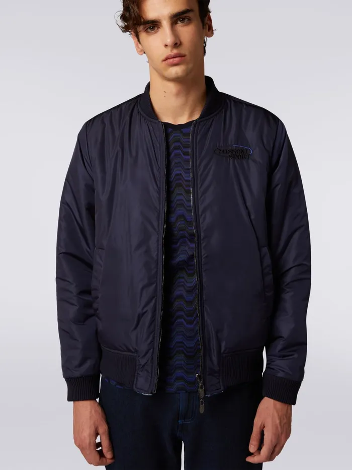 Men Wool Blend Bomber Jacket With Zigzag Pattern Blue Missoni Sport Men Wool Blend Bomber Jacket With Zigzag Pattern Blue Missoni Sport