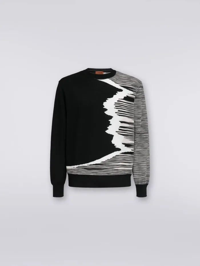 Men Wool CrewNeck Jumper With Inlay Details Black and White Missoni Knitwear
