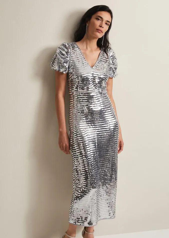 Novalie Silver Sequin Midaxi Dress Silver Women Phase Eight Dresses
