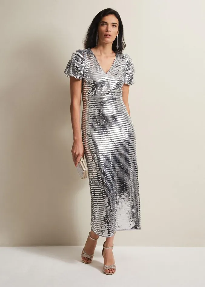 Novalie Silver Sequin Midaxi Dress Silver Women Phase Eight Dresses