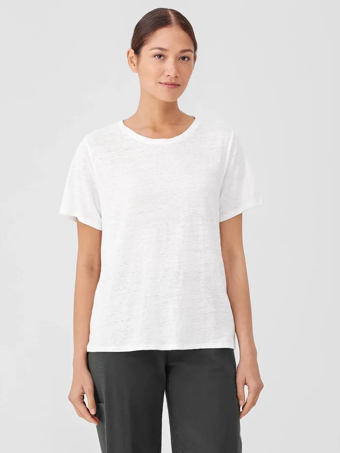Organic Linen Jersey Crew Neck Tee White Women Eileen Fisher Tops and Tees