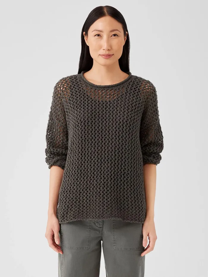 Peruvian Organic Cotton Boucle Crew Neck Top Black Women Eileen Fisher Sweaters and Cardigans