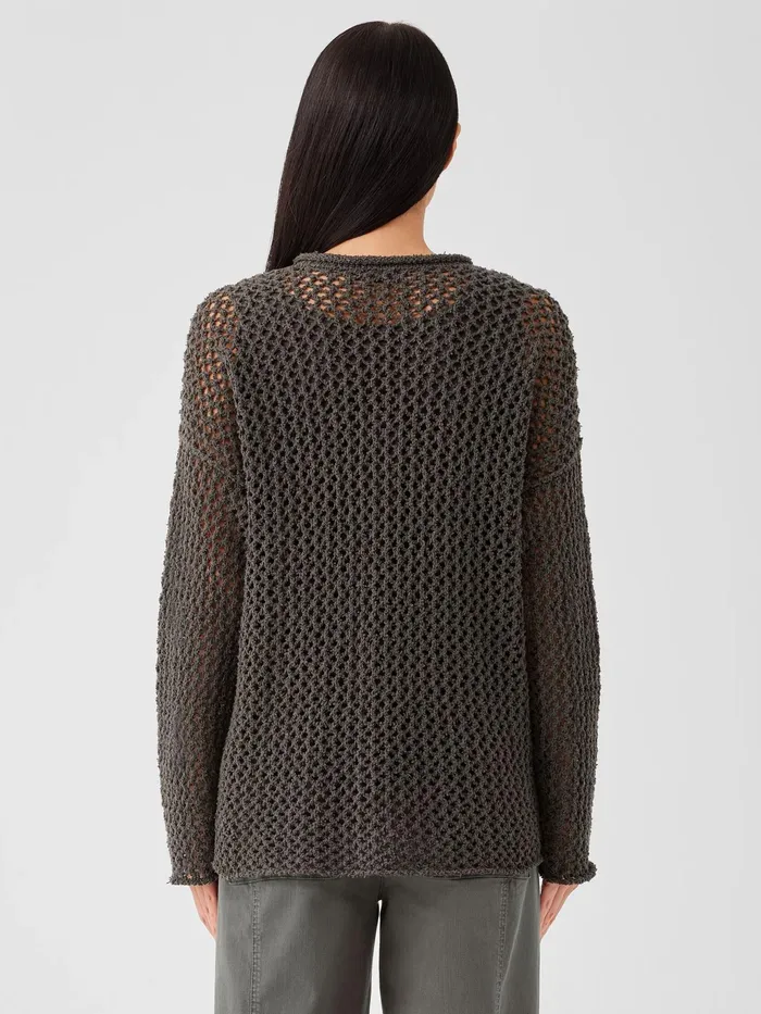 Peruvian Organic Cotton Boucle Crew Neck Top Black Women Eileen Fisher Sweaters and Cardigans