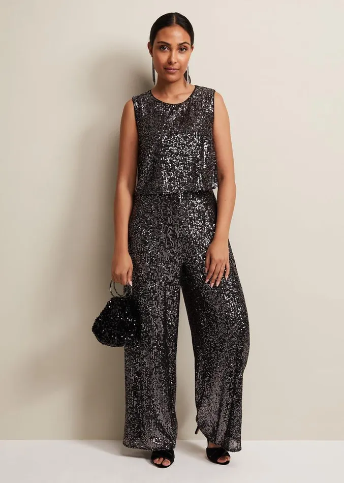 Petite Aubrey Sequin Wide Leg Jumpsuit Gunmetal Women Phase Eight Dresses