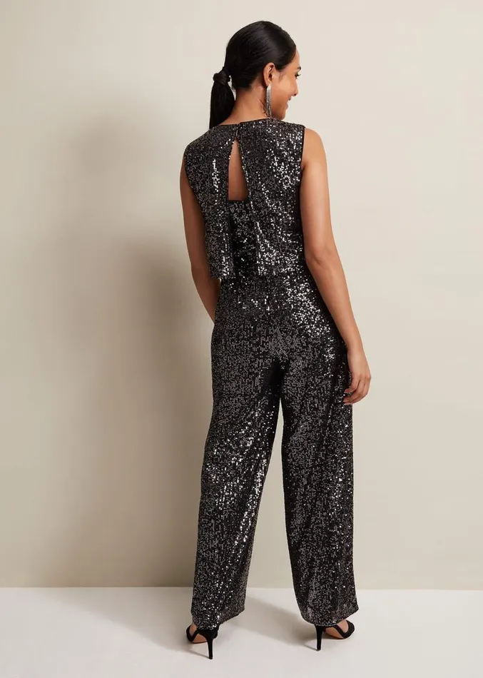 Petite Aubrey Sequin Wide Leg Jumpsuit Gunmetal Women Phase Eight Dresses