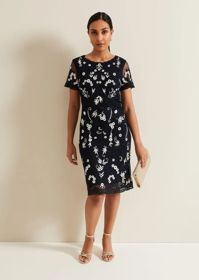 Petite Florisa Embroidered Dress Navy Women Phase Eight Dresses