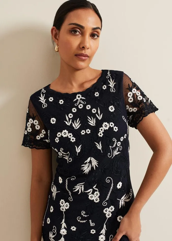 Petite Florisa Embroidered Dress Navy Women Phase Eight Dresses