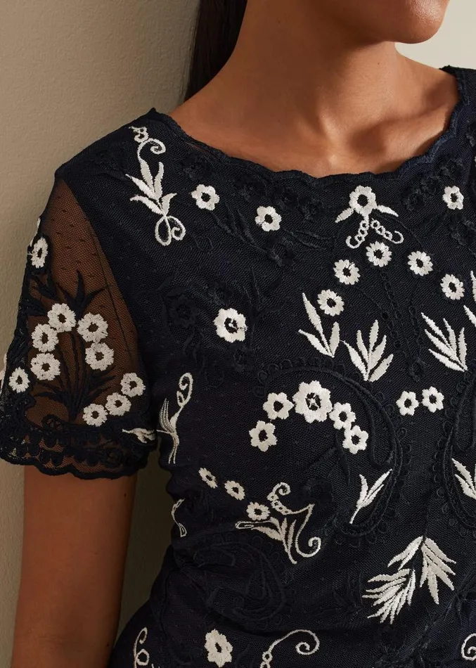 Petite Florisa Embroidered Dress Navy Women Phase Eight Dresses