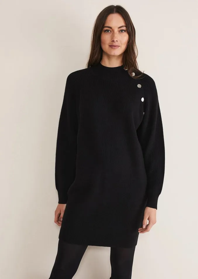 Reeva Cosy Button Detail Dress Black Women Phase Eight Dresses