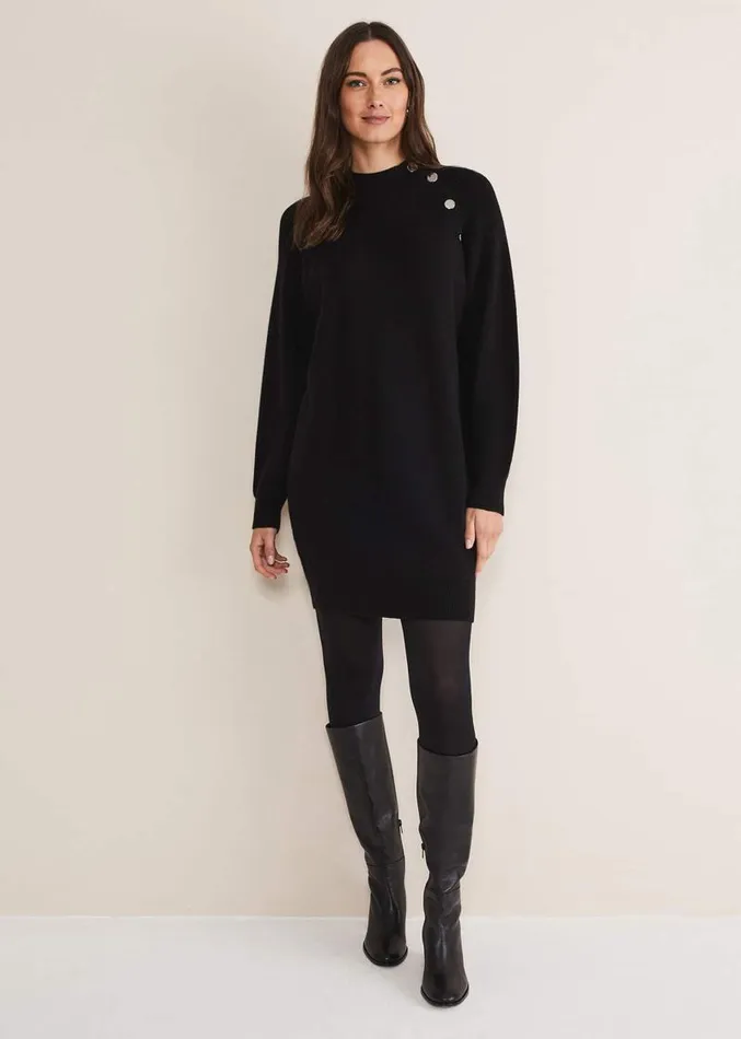 Reeva Cosy Button Detail Dress Black Women Phase Eight Dresses