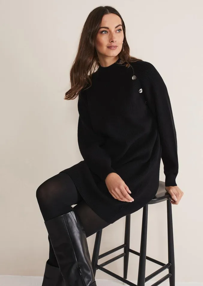 Reeva Cosy Button Detail Dress Black Women Phase Eight Dresses