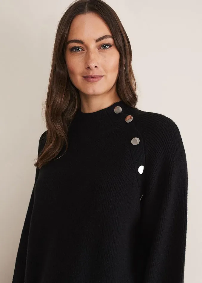 Reeva Cosy Button Detail Dress Black Women Phase Eight Dresses