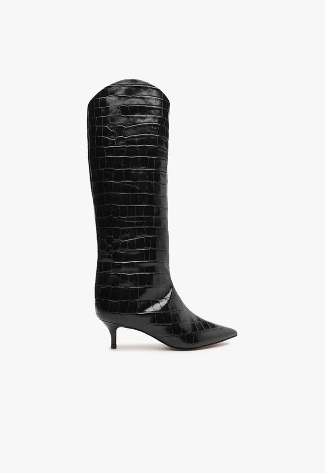 Schutz Shoes Maryana Boots Women Maryana Lo CrocodileEmbossed Leather Boot Black