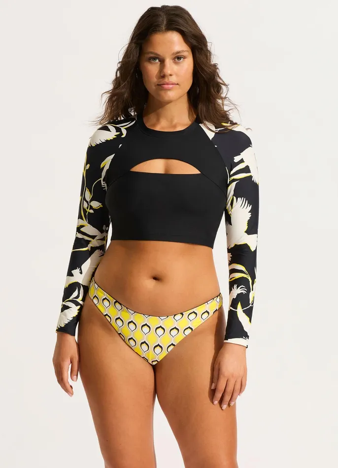 Seafolly Birds Of Paradise Cropped Long Sleeve Rashvest 8211 Black Women Rash Vests