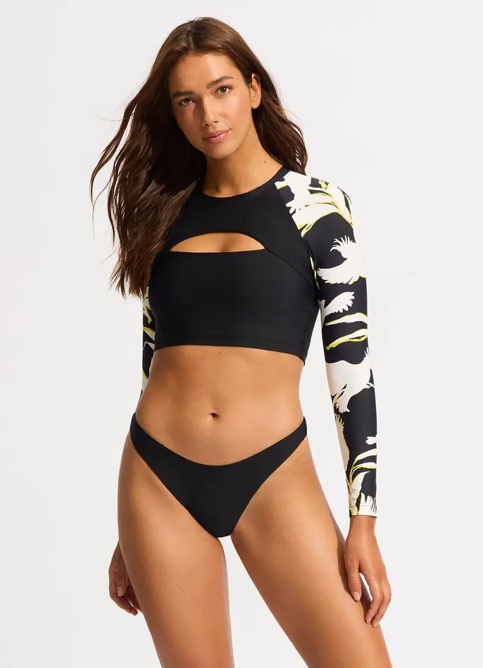 Seafolly Birds Of Paradise Cropped Long Sleeve Rashvest 8211 Black Women Rash Vests