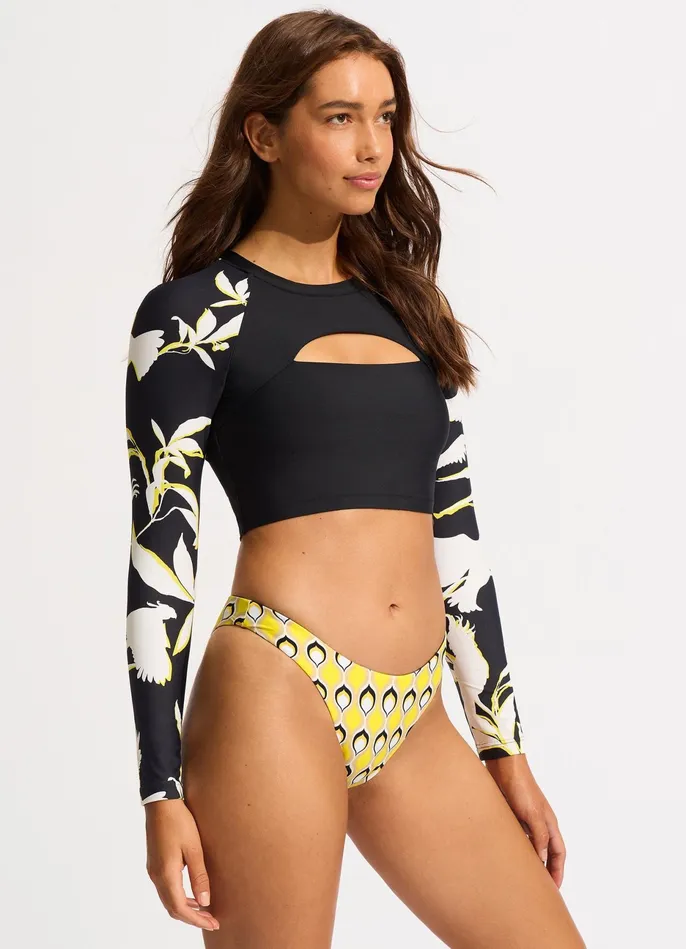 Seafolly Birds Of Paradise Cropped Long Sleeve Rashvest 8211 Black Women Rash Vests