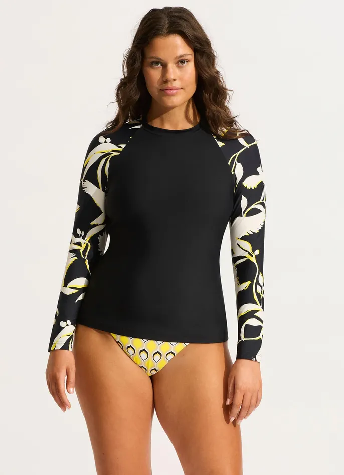 Seafolly Birds Of Paradise Long Sleeve Rashvest 8211 Black Women Rash Vests