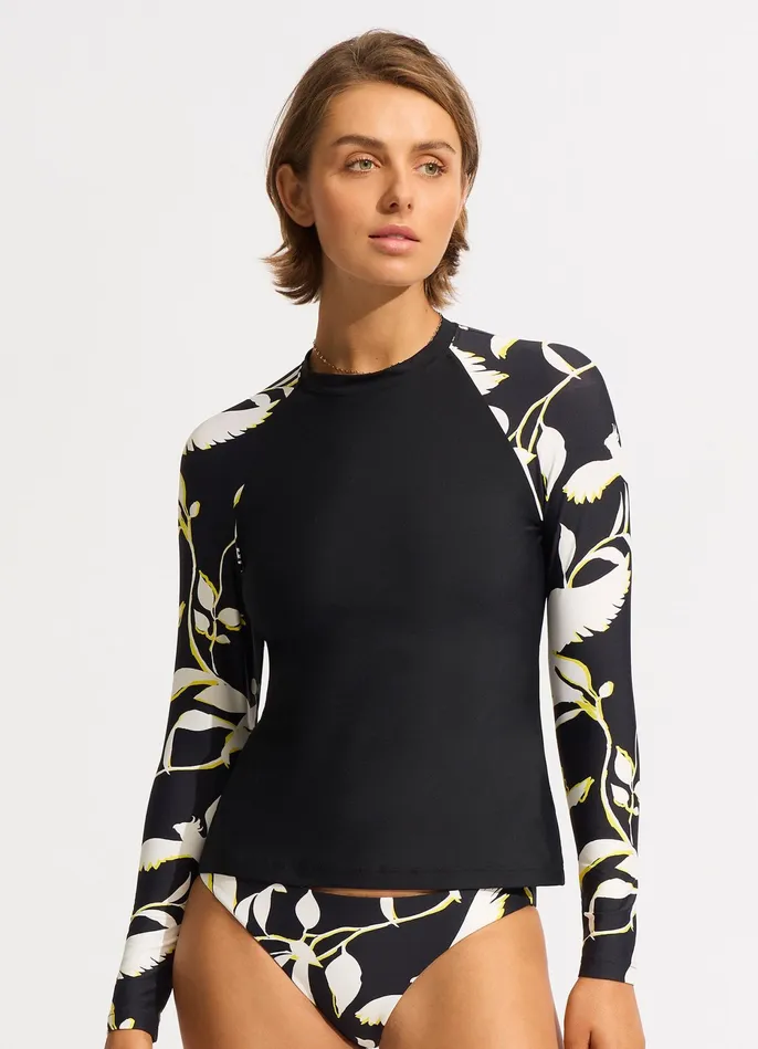 Seafolly Birds Of Paradise Long Sleeve Rashvest 8211 Black Women Rash Vests Seafolly Birds Of Paradise Long Sleeve Rashvest 8211 Black Women Rash Vests