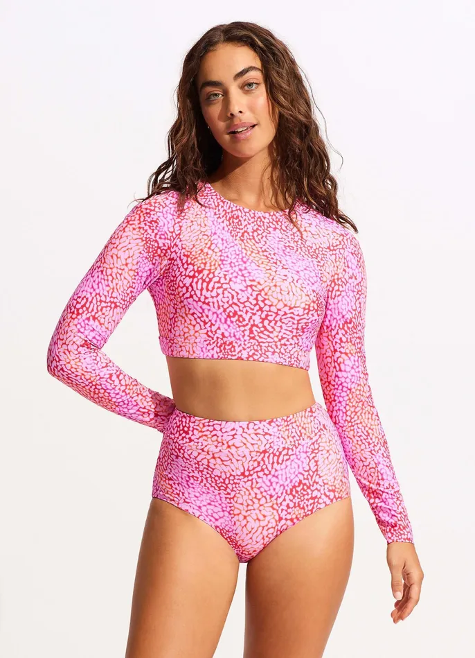 Seafolly Sea Skin Long Sleeve Crop Rashie 8211 Fuchsia Rose Women Rash Vests