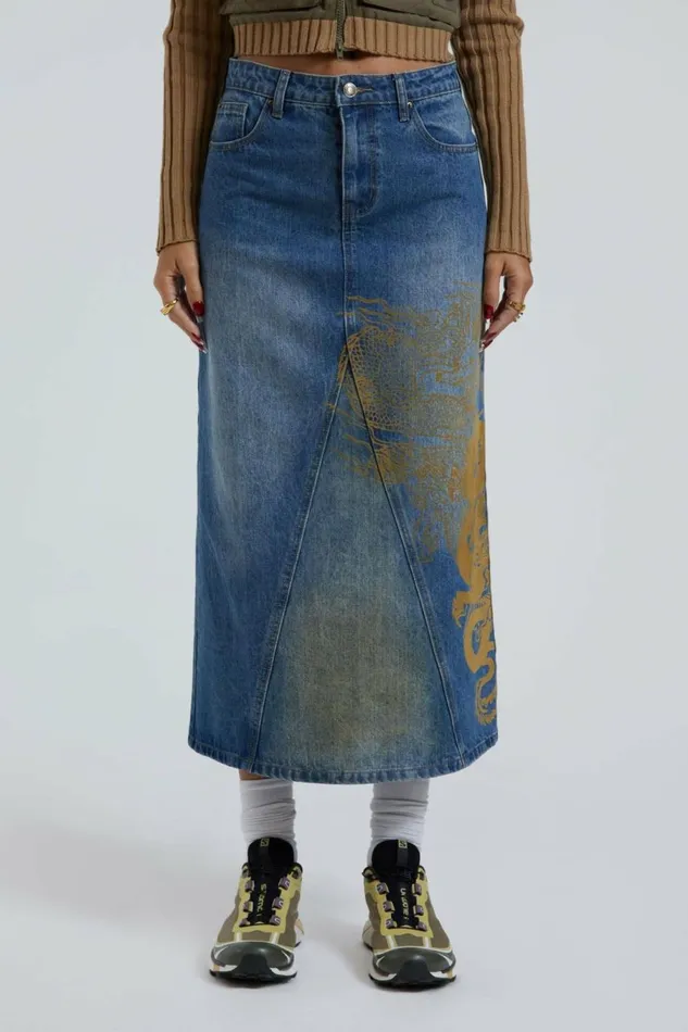 Serpent Denim Slit Maxi Skirt Blue Women Jaded London Skirts