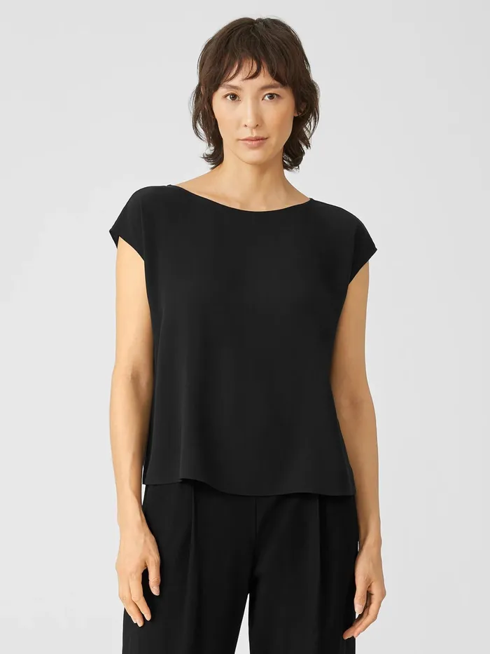 Silk Georgette Crepe ShirredBack Top Black Women Eileen Fisher Tops and Tees