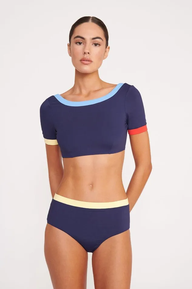 STAUD Bikinis Women STAUD LILY SHORT SLEEVE BIKINI TOP NAVY COLORBLOCK