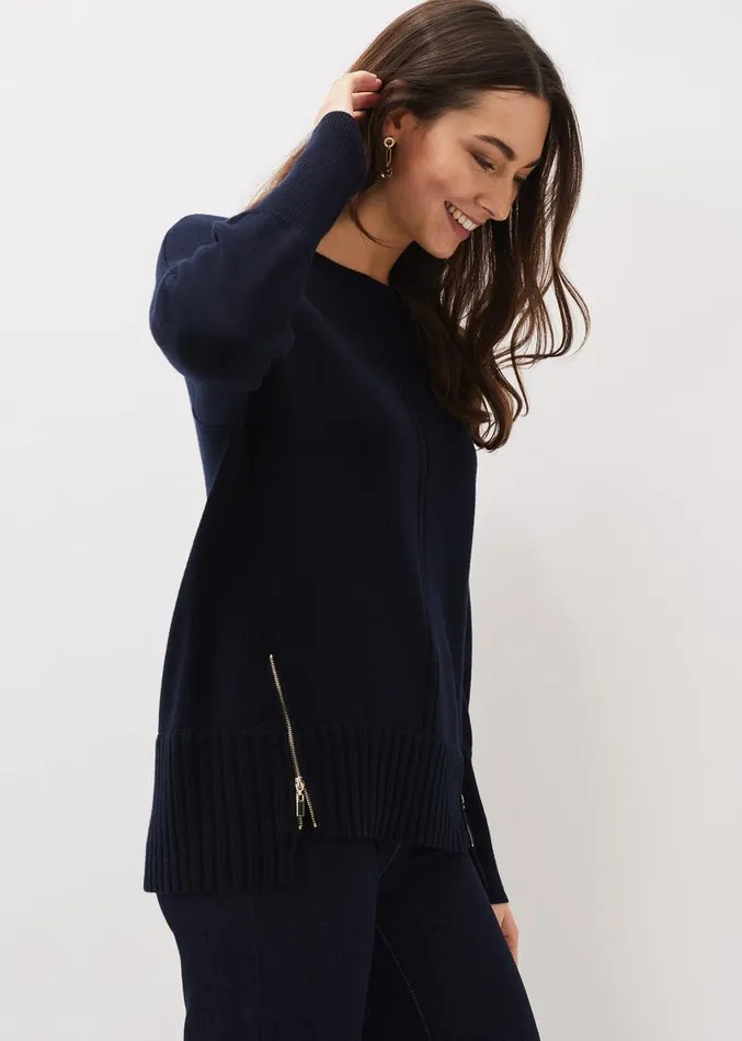 Steph Zip Detail Wool Blend Jumper Navy Women Phase Eight Knitwear