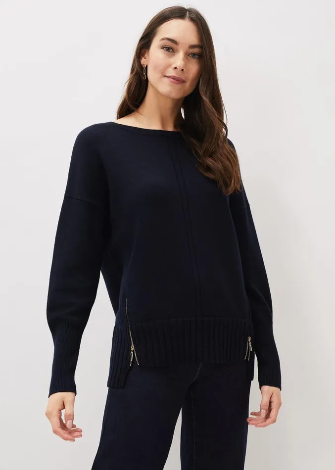 Steph Zip Detail Wool Blend Jumper Navy Women Phase Eight Knitwear