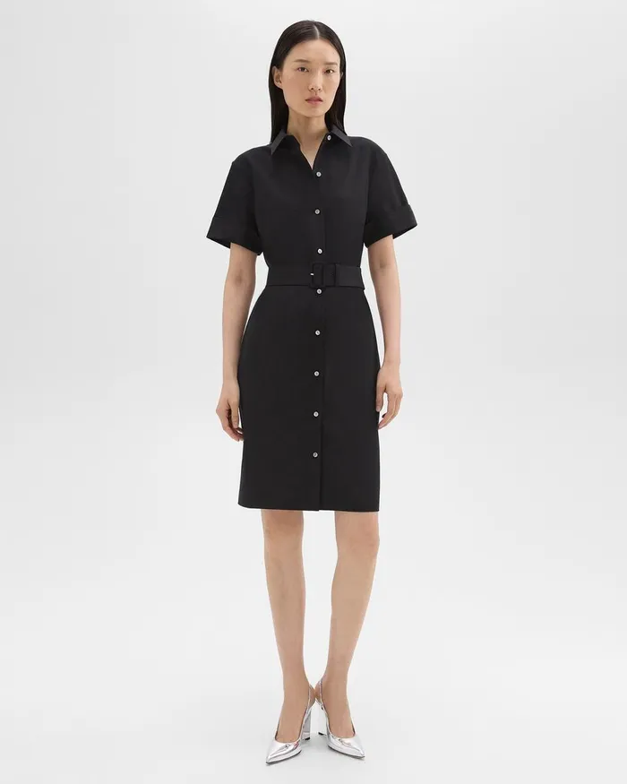 Theory Dresses Belted Shirt Dress In Stretch Wool Black 8211 Women