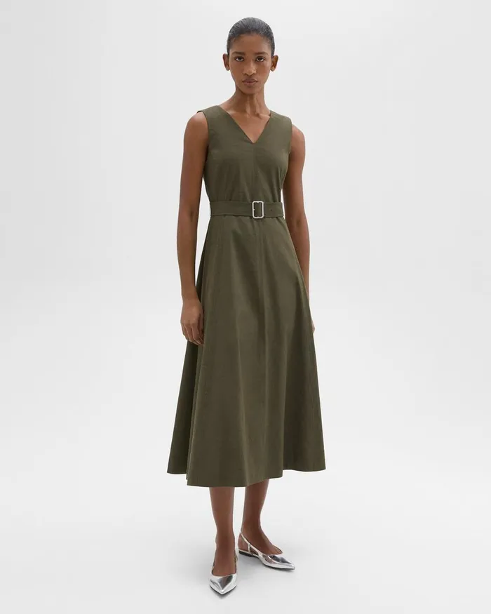 Theory Dresses VNeck Volume Dress In Good Linen Dark Olive 8211 Women