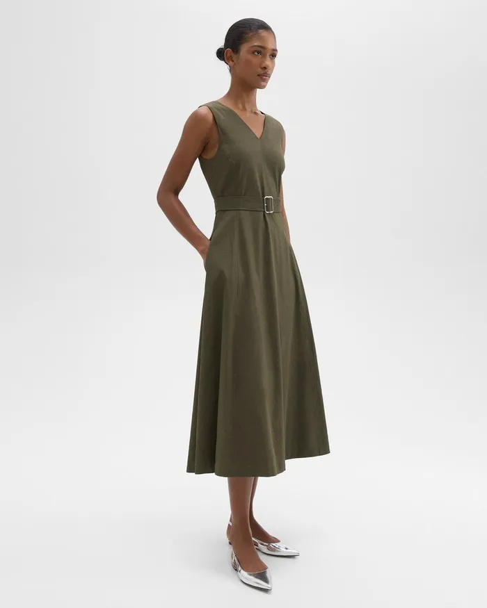 Theory Dresses VNeck Volume Dress In Good Linen Dark Olive 8211 Women