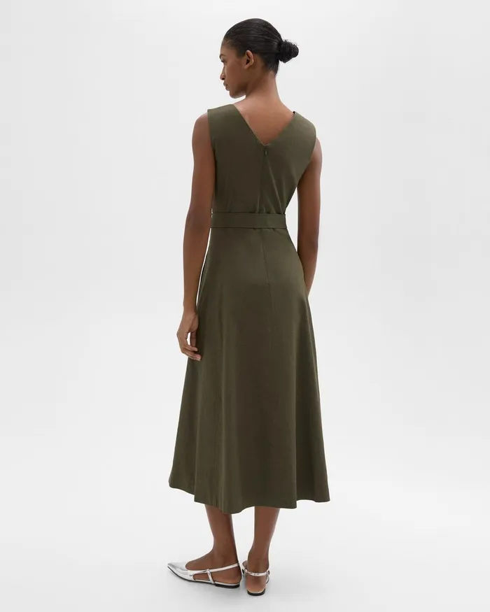 Theory Dresses VNeck Volume Dress In Good Linen Dark Olive 8211 Women
