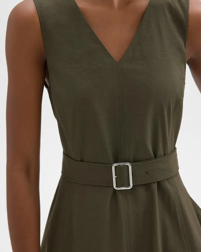 Theory Dresses VNeck Volume Dress In Good Linen Dark Olive 8211 Women