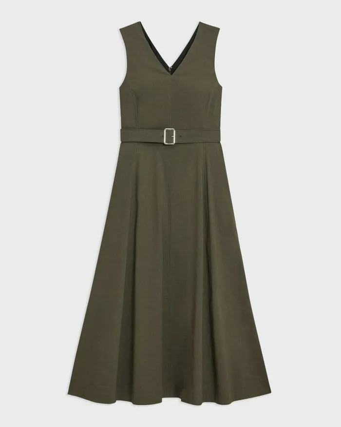 Theory Dresses VNeck Volume Dress In Good Linen Dark Olive 8211 Women