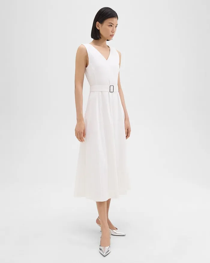 Theory Dresses VNeck Volume Dress In Good Linen White 8211 Women