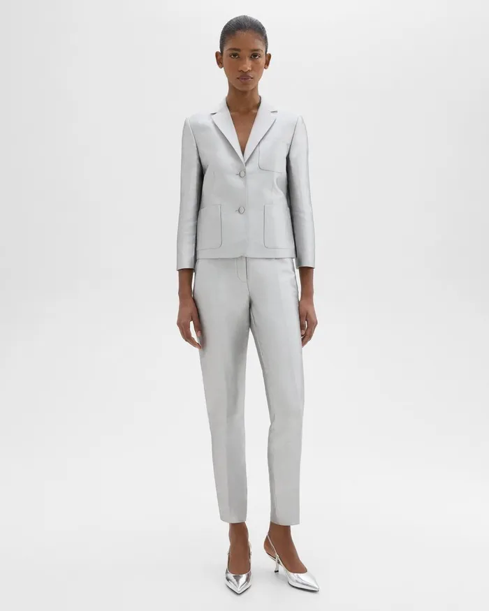 Theory Pants Tapered Slim Pant In Metallic Silk Twill Ice Grey 8211 Women