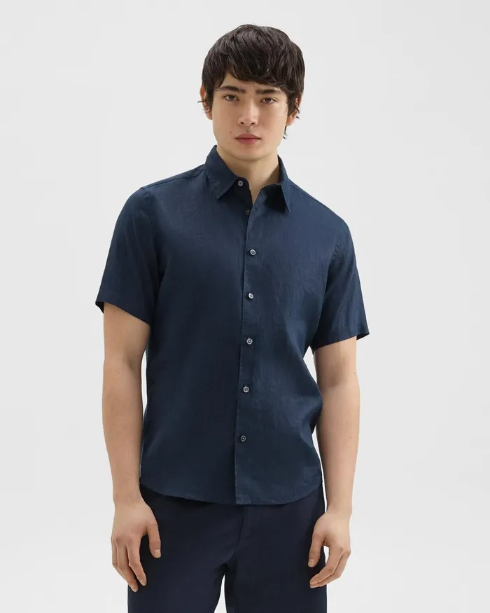 Theory Shirts Irving ShortSleeve Shirt In Relaxed Linen Baltic 8211 Men