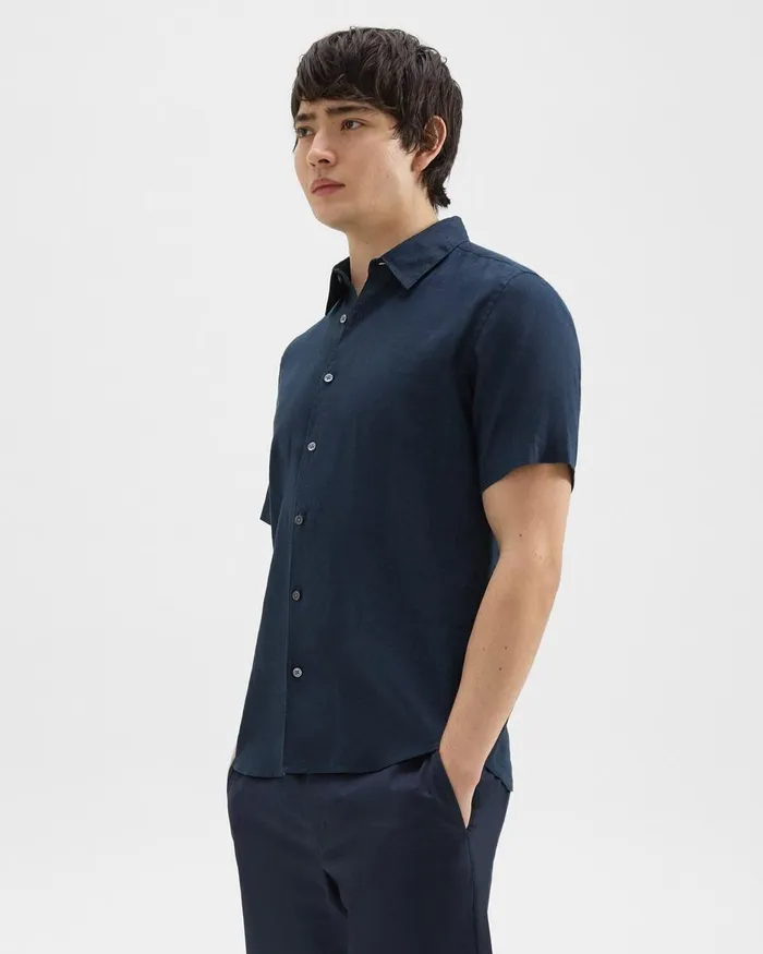 Theory Shirts Irving ShortSleeve Shirt In Relaxed Linen Baltic 8211 Men