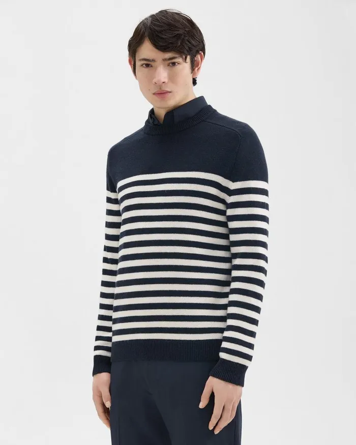 Theory Sweaters Cardigans Latho Striped Sweater In WoolCashmere Darkest Navyivory 8211 Men