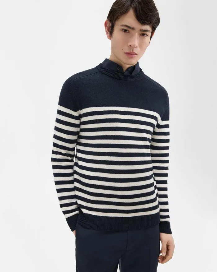 Theory Sweaters Cardigans Latho Striped Sweater In WoolCashmere Darkest Navyivory 8211 Men