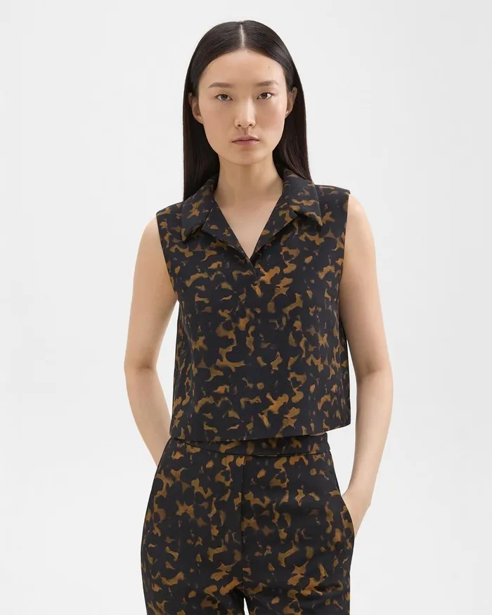 Theory Tops Cropped Sleeveless Polo In Tortoiseshell Printed Crepe Dark Brown Multi 8211 Women