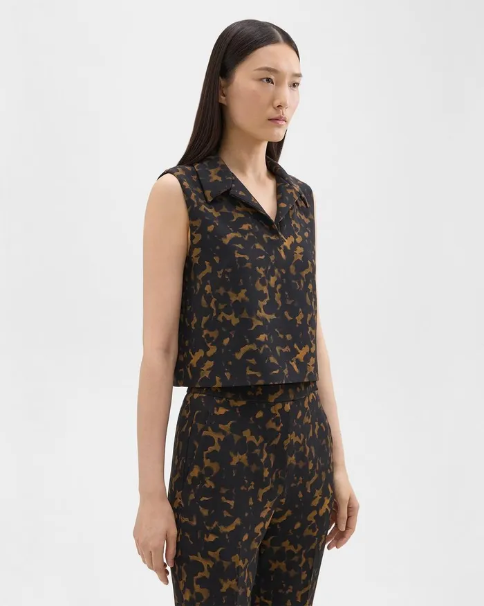 Theory Tops Cropped Sleeveless Polo In Tortoiseshell Printed Crepe Dark Brown Multi 8211 Women